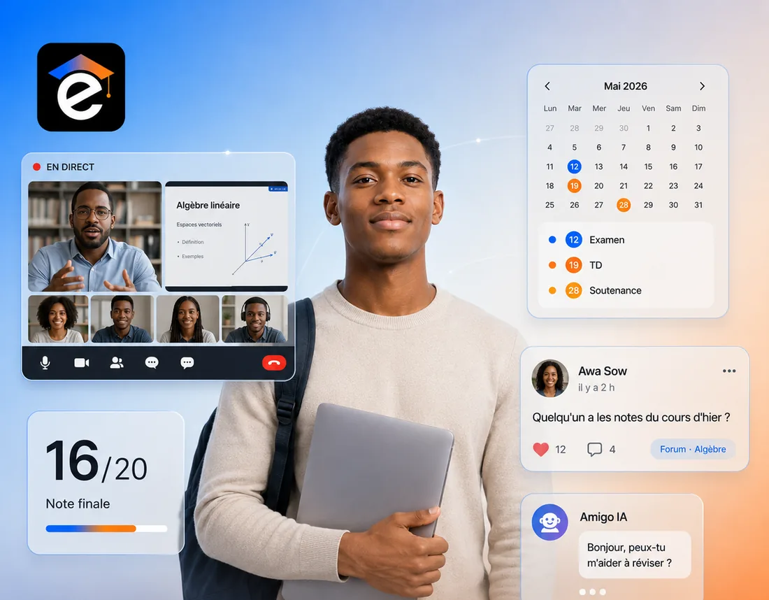 L'interface eCampus : classe en direct, calendrier académique, note finale, fil du forum et assistant Amigo